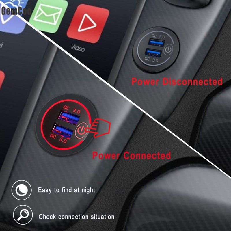 GemCoo Quick Charge 3.0 Dual USB Car Charger Socket with Touch Switch 12V/24V 36W QC3.0 Dual USB Fast Charger Socket Power Outlet for Marine, Boat, Motorcycle, Truck, Golf Cart(Red) - Image 3